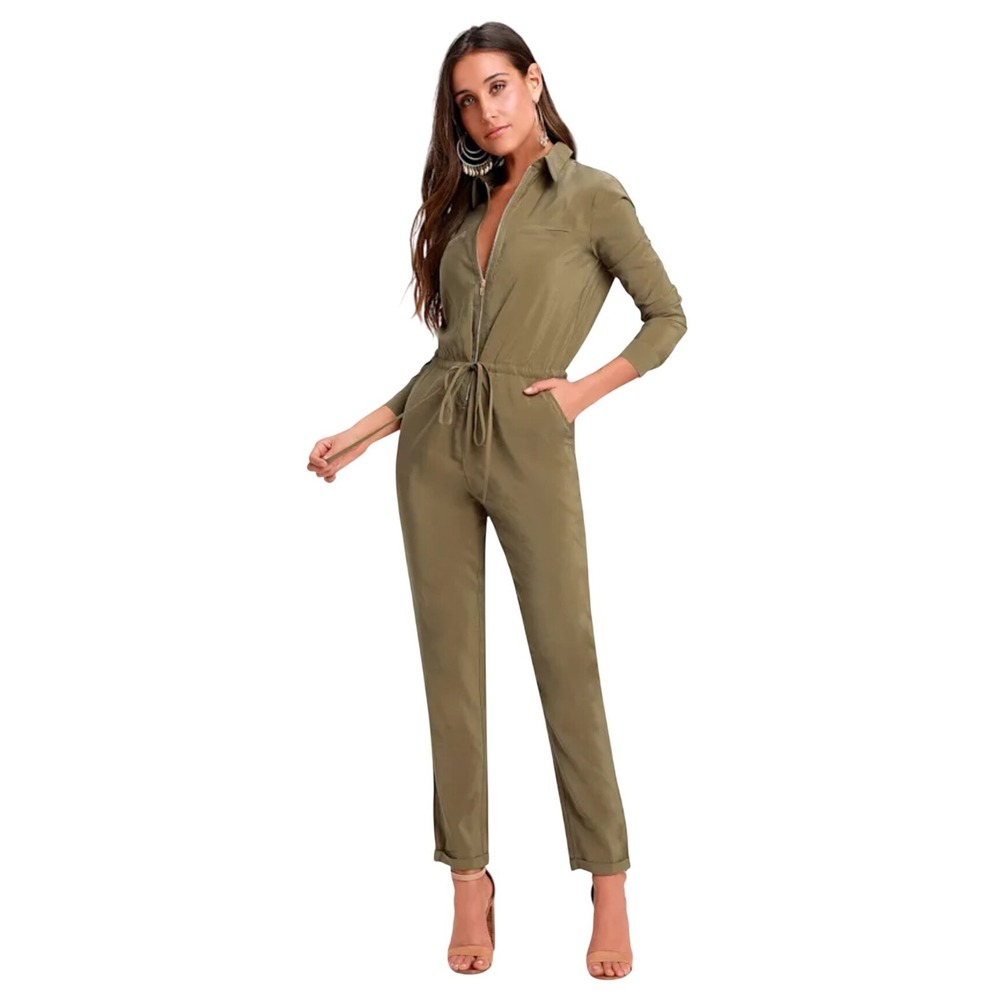 Lulus Clifton Olive Green Long‎ Sleeve Zip Front Utility Jumpsuit Womens Medium